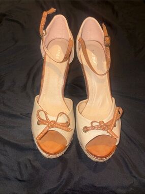 BAMBOO Cream and Tan Peep-Toe Wedge Sandals with Ankle Strap